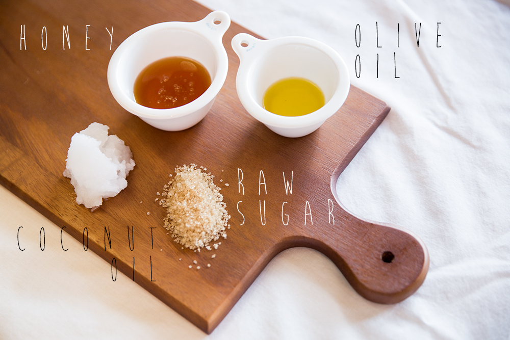 DIY Lip Scrub ingredients on a chopping board